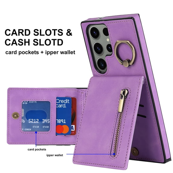 ELEHOLD For Samsung Galaxy Note 20 Ultra, Wallet Case with Card Slot Holder,RFID Blocking,Built-in 360°Rotating Ring Kickstand Zipper Retro Purse Shockproof Case Cover, purple