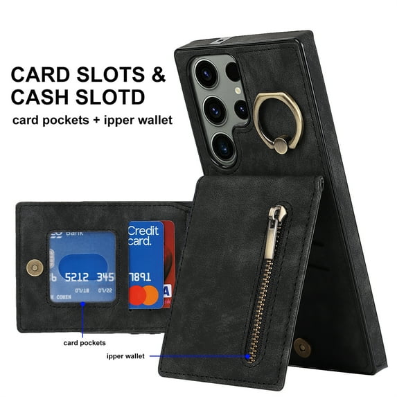 ELEHOLD For Samsung Galaxy Note 20, Wallet Case with Card Slot Holder,RFID Blocking,Built-in 360°Rotating Ring Kickstand Zipper Retro Purse Shockproof Case Cover, black