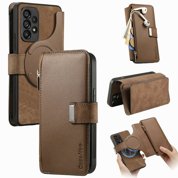 ELEHOLD for Samsung Galaxy Note 20 Zipper Wallet Case,Magnetic Detachable RFID Flip Card Slots Stand Function Shockproof Full Protective Leather Case for Samsung Galaxy Note 20,Brown