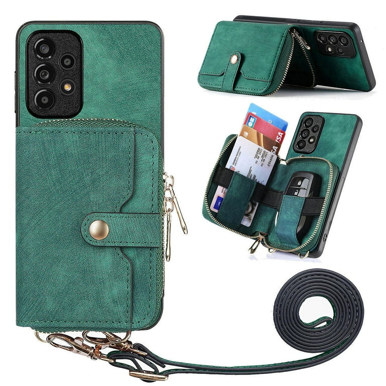 ELEHOLD Samsung Galaxy S10 Crossbody Wallet Case Zipper PU Leather Phone Case with Card Holder Wrist Strap Purse Cover for Samsung Galaxy S10 Green