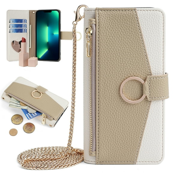 ELEHOLD for Samsung Galaxy S10 Leather Wallet Case with Card Slots Cash Pocket Zipper Purse Hidden Mirror,Luxury Crossbody Metal Chain Strap Wallet Case for Women Girls,white