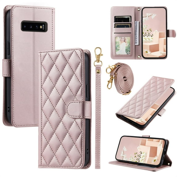 ELEHOLD for Samsung Galaxy S10 Wallet Crossbody Case PU Leather Cover with Card Slots Magnetic Clasp Kickstand Detachable Wriststrap Shoulder Strap Flip Shockpoof Cover,rosegold
