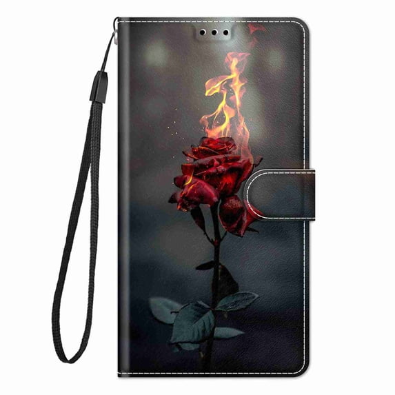 ELEHOLD for Samsung Galaxy S20 Credit Card Wallet Case, Shockproof Drop Protection Wireless Charging Vegan PU Leather Magnetic Adjustable Stand Cover with Wrist Strap, Fire Rose