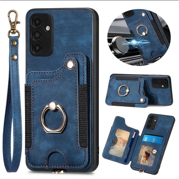 ELEHOLD for Samsung Galaxy S20 FE Case with Ring Holder, Galaxy S20 FE Wallet Case with RFID Blocking Card Holder Wristlet Strap, Magnetic Button Flip Folio Kickstand Shockproof Phone Cover,Blue