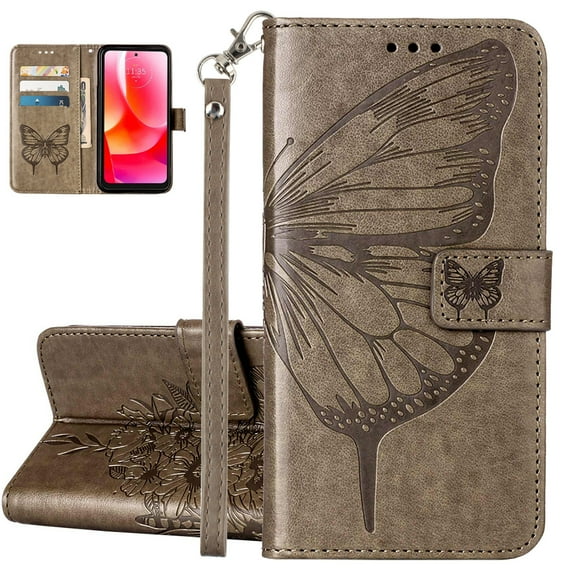 ELEHOLD for Samsung Galaxy S20 FE Case Wallet with Wrist Strap, Butterfly Embossed PU Leather Folio Flip Case with Magnetic Closure Credit Card Holder Kickstand,Gray