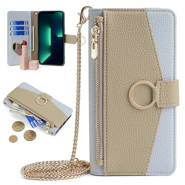 ELEHOLD for Samsung Galaxy S20 FE Leather Wallet Case with Card Slots Cash Pocket Zipper Purse Hidden Mirror,Luxury Crossbody Metal Chain Strap Wallet Case for Women Girls,blue