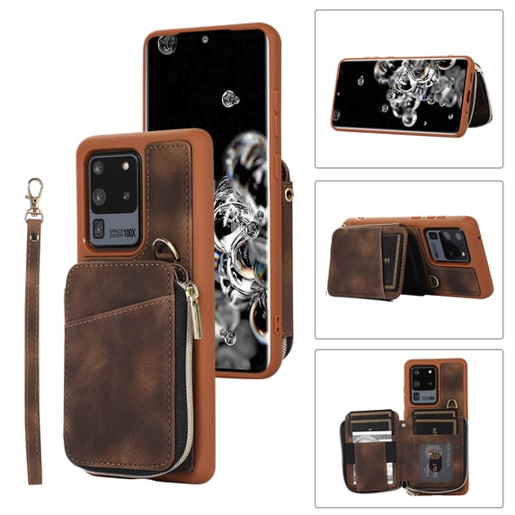 ELEHOLD for Samsung Galaxy S20 FE,Luxury Zipper Wallet Case with Card Slots Zipper Pocket Kickstand Function Wriststrap Crossbody Shoulder Strap Shockproof Purse Case,brown