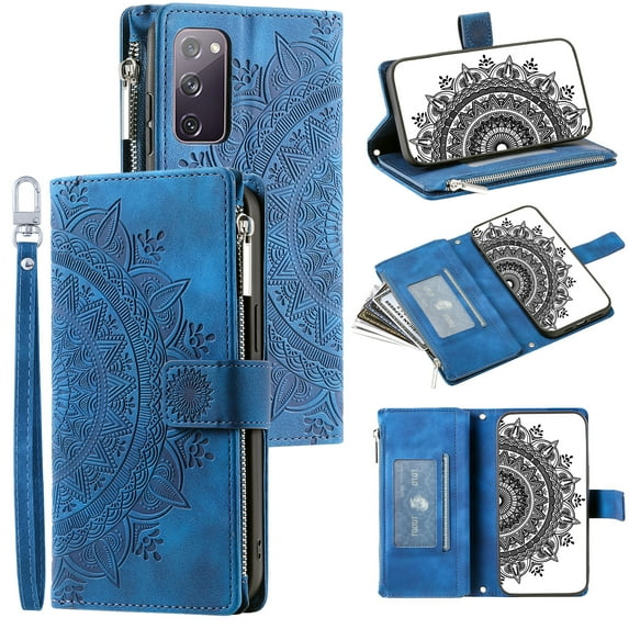 ELEHOLD for Samsung Galaxy S20 FE Multi-Function Wallet Case, Zipper Magnetic PU Leather Wrist Strap Card Holder Protective Wallet Stand for Women and Men Cover, blue