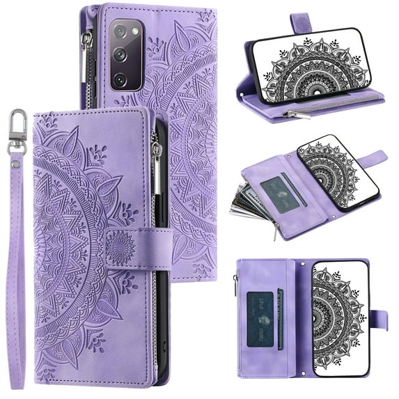 ELEHOLD for Samsung Galaxy S20 FE Multi-Function Wallet Case, Zipper Magnetic PU Leather Wrist Strap Card Holder Protective Wallet Stand for Women and Men Cover, purple
