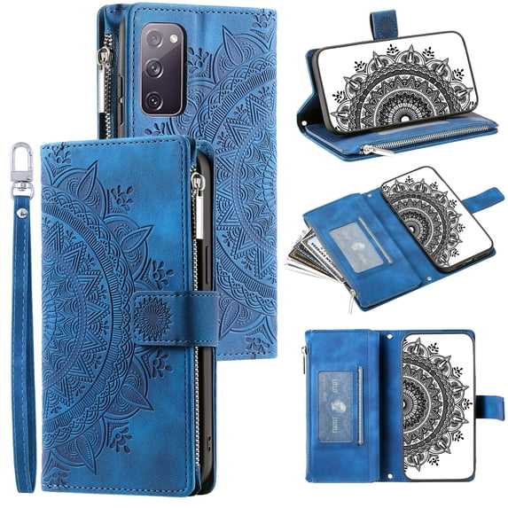 ELEHOLD for Samsung Galaxy S20 FE Multi-Function Wallet Case, Zipper Magnetic PU Leather Wrist Strap Card Holder Protective Wallet Stand for Women and Men Cover, blue