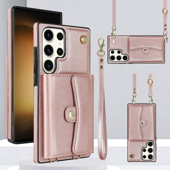 ELEHOLD for Samsung Galaxy S20 FE Multi-Functional Wallet Case Organ Card Slots RFID Blocking Stand Function Wrist Strap Crossbody Shoulder Strap Shockproof Purse Case,rosegold