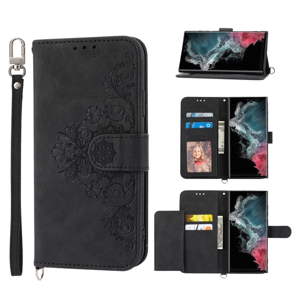 ELEHOLD for Samsung Galaxy S20 FE Shoulder Crossbody Wallet Case with Card Slots, Floral Embossed PU Leather Wallet Flip Protective Kickstand Wrist Strap Cover, black