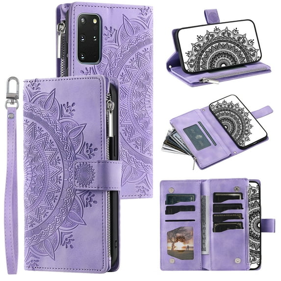 ELEHOLD for Samsung Galaxy S20 Plus Multi-Function Wallet Case, Zipper Magnetic PU Leather Wrist Strap Card Holder Protective Wallet Stand for Women and Men Cover, purple