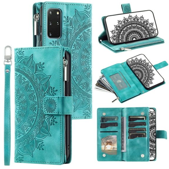 ELEHOLD for Samsung Galaxy S20 Plus Multi-Function Wallet Case, Zipper Magnetic PU Leather Wrist Strap Card Holder Protective Wallet Stand for Women and Men Cover, green