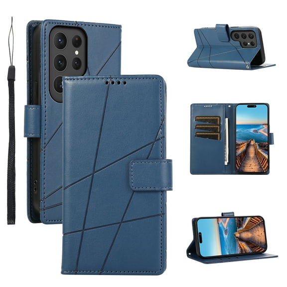 ELEHOLD for Samsung Galaxy S20 Ultra Flip Folio Wallet Case with Credit Card Holders Magnetic Clasp Kickstand Function Wrist Lanyard Premium PU Leather Shockproof Protective Cover,blue