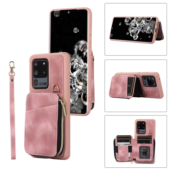 ELEHOLD for Samsung Galaxy S20 Ultra,Luxury Zipper Wallet Case with Card Slots Zipper Pocket Kickstand Function Wriststrap Crossbody Shoulder Strap Shockproof Purse Case,pink