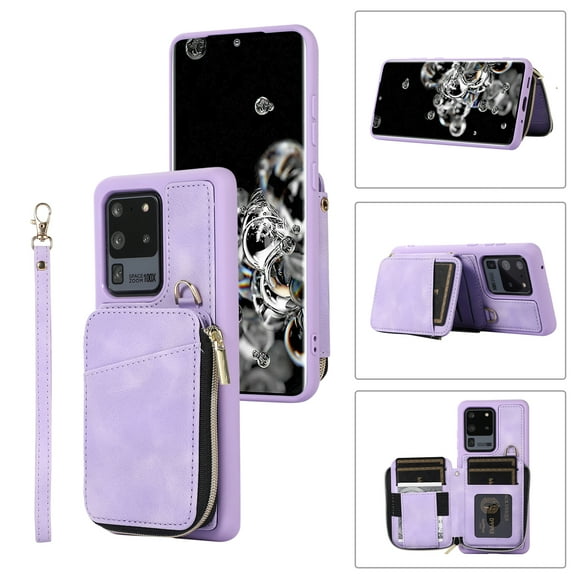 ELEHOLD for Samsung Galaxy S20 Ultra,Luxury Zipper Wallet Case with Card Slots Zipper Pocket Kickstand Function Wriststrap Crossbody Shoulder Strap Shockproof Purse Case,purple