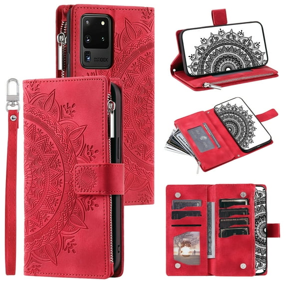ELEHOLD for Samsung Galaxy S20 Ultra Multi-Function Wallet Case, Zipper Magnetic PU Leather Wrist Strap Card Holder Protective Wallet Stand for Women and Men Cover, red