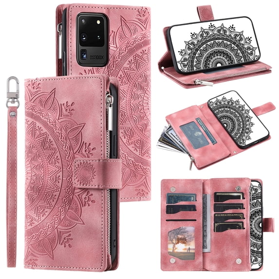 ELEHOLD for Samsung Galaxy S20 Ultra Multi-Function Wallet Case, Zipper Magnetic PU Leather Wrist Strap Card Holder Protective Wallet Stand for Women and Men Cover, pink