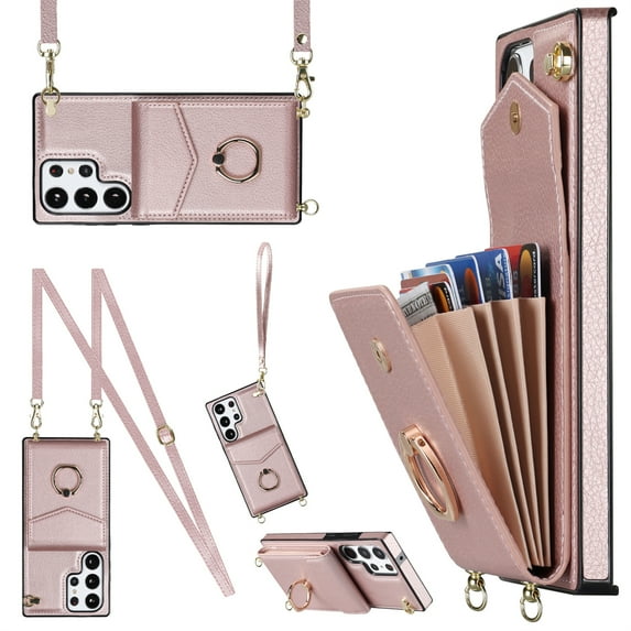 ELEHOLD for Samsung Galaxy S20 Ultra, Shockproof PU Leather Case with Rotation Ring Stand Adjustable Shoulder Strap,Card Slots Stand RFID Blocking Protective Case Cover, rosegold