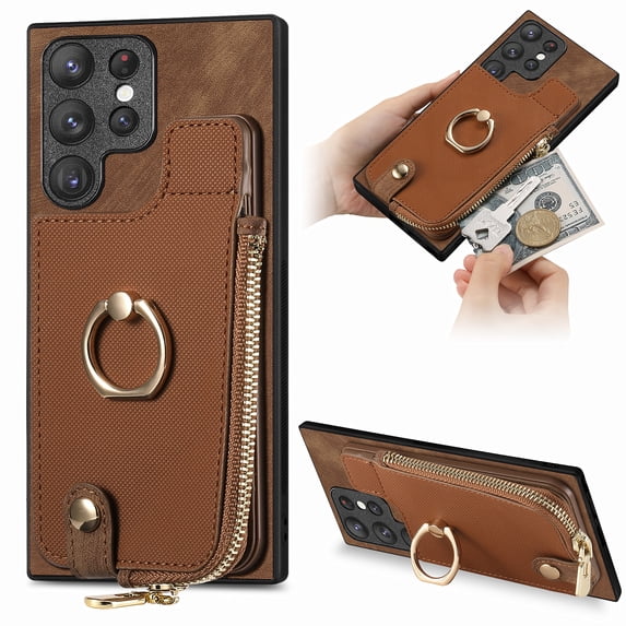 ELEHOLD for Samsung Galaxy S20 Ultra Zipper Wallet Case with Back Card Holders Metal Ring Holder Kickstand Function Leather Shockproof Card Wallet Case for Women Men,brown