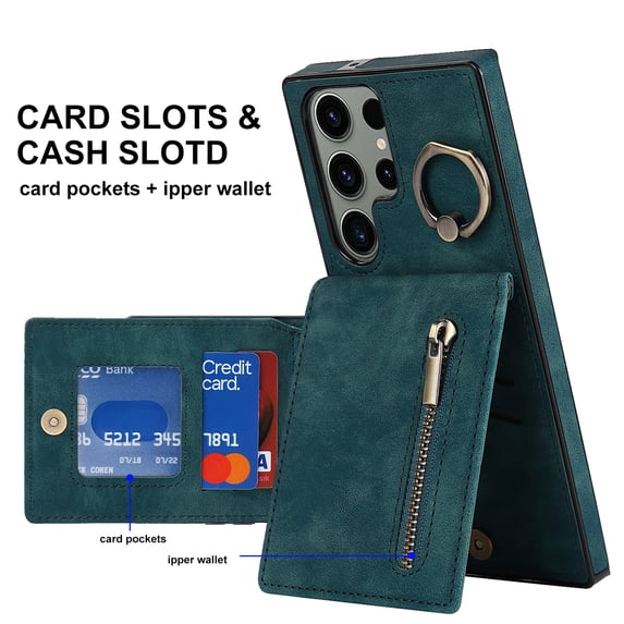 ELEHOLD For Samsung Galaxy S20+, Wallet Case with Card Slot Holder,RFID Blocking,Built-in 360°Rotating Ring Kickstand Zipper Retro Purse Shockproof Case Cover, blue
