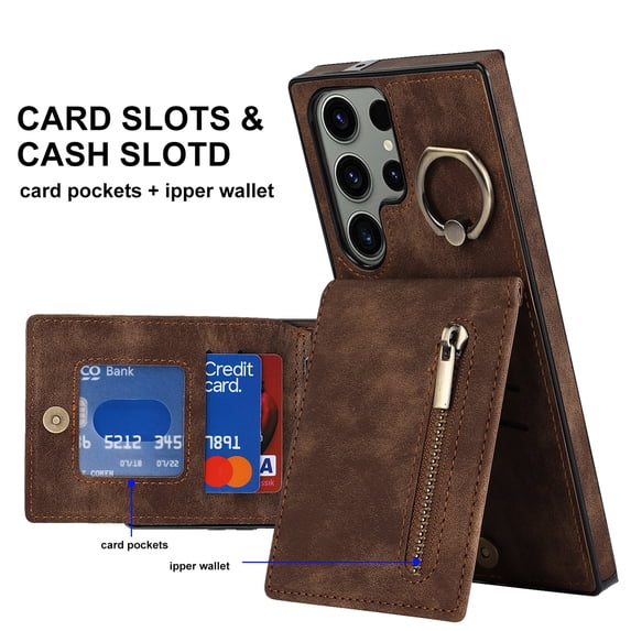 ELEHOLD For Samsung Galaxy S20+, Wallet Case with Card Slot Holder,RFID Blocking,Built-in 360°Rotating Ring Kickstand Zipper Retro Purse Shockproof Case Cover, brown