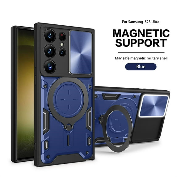 ELEHOLD for Samsung Galaxy S21, Case with Slide Camera Lens Protector,Built-in 360° Rotate Ring Stand Magnetic Shockproof Hard PC Cover,Support Magnetic Car Mount, blue