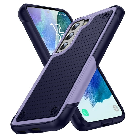 ELEHOLD for Samsung Galaxy S21 FE 5G 2022 Fit Case, Military-Grade Dual Layer Raised Frame Screen & Camera Lens Protective Armor Hybrid PC+TPU Anti-Drop Shockproof Slim Rugged Case,Lightpurple