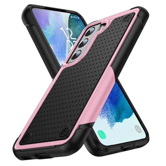 ELEHOLD for Samsung Galaxy S21 FE 5G 2022 Fit Case, Military-Grade Dual Layer Raised Frame Screen & Camera Lens Protective Armor Hybrid PC+TPU Anti-Drop Shockproof Slim Rugged Case,Pink
