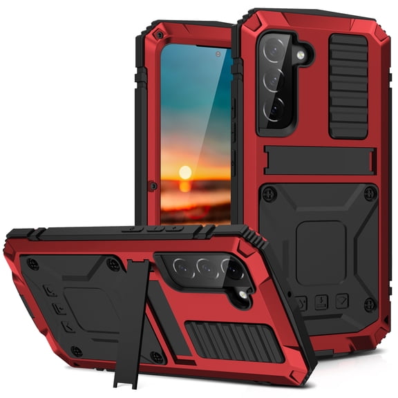 ELEHOLD for Samsung Galaxy S21 FE 6.4" Case, Heavy Duty Armor Built-in Explosion-Proof Tempered Glass Screen Protector Wireless Charging Hang Rope Hidden Kickstand Shockproof Rugged Case,Red