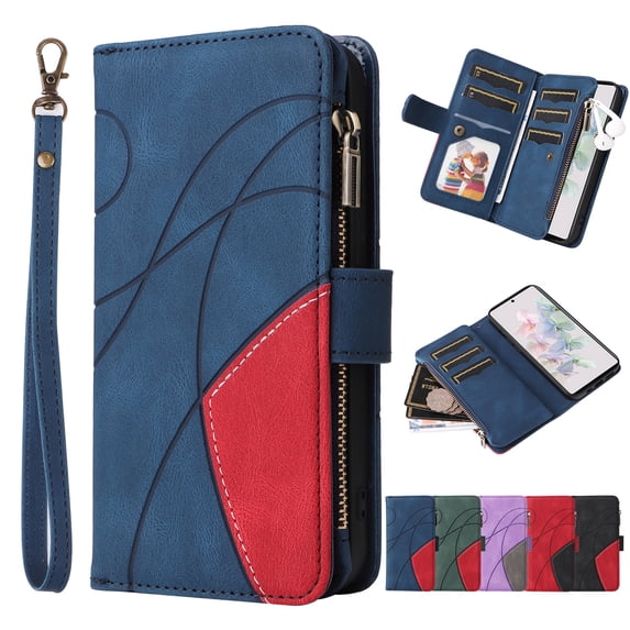 ELEHOLD for Samsung Galaxy S21 FE Case, Samsung S21 FE Wallet Case for Women Men with 9 Credit Card Holder Zipper Purse PU Leather Strap Wristlet Protective Phone Cover,Blue