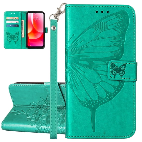 ELEHOLD for Samsung Galaxy S21 FE Case Wallet with Wrist Strap, Butterfly Embossed PU Leather Folio Flip Case with Magnetic Closure Credit Card Holder Kickstand,Green