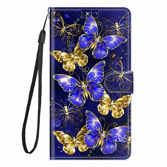 ELEHOLD for Samsung Galaxy S21 FE Credit Card Wallet Case, Shockproof Drop Protection Wireless Charging Vegan PU Leather Magnetic Adjustable Stand Cover with Wrist Strap, Golden Butterfly