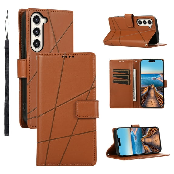 ELEHOLD for Samsung Galaxy S21 FE Flip Folio Wallet Case with Credit Card Holders Magnetic Clasp Kickstand Function Wrist Lanyard Premium PU Leather Shockproof Protective Cover,brown