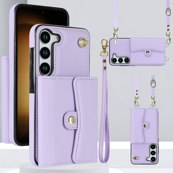 ELEHOLD for Samsung Galaxy S21 FE Multi-Functional Wallet Case Organ Card Slots RFID Blocking Stand Function Wrist Strap Crossbody Shoulder Strap Shockproof Purse Case,purple