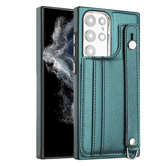 ELEHOLD for Samsung Galaxy S21 FE, Wallet Case with Credit Card Slots,Rugged Hybrid Shockproof PU Leather Wristband Kickstand Anti-Scratch Case Cover, green