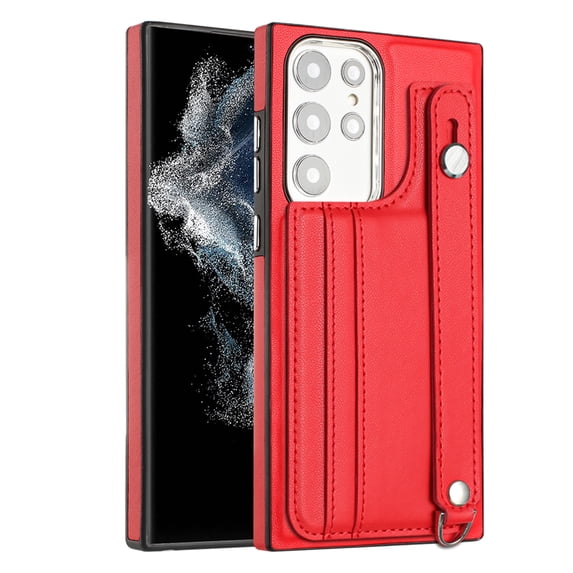 ELEHOLD for Samsung Galaxy S21 FE, Wallet Case with Credit Card Slots,Rugged Hybrid Shockproof PU Leather Wristband Kickstand Anti-Scratch Case Cover, red