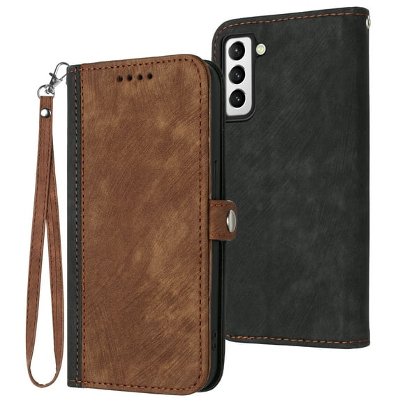 ELEHOLD for Samsung Galaxy S21 FE Wallet Case with Detachable Wrist Strap Handbag, Luxury PU Leather Flip Soft TPU Built-in Magnetic Card Slots Kickstand Function Shockproof Protective Cover,Brown