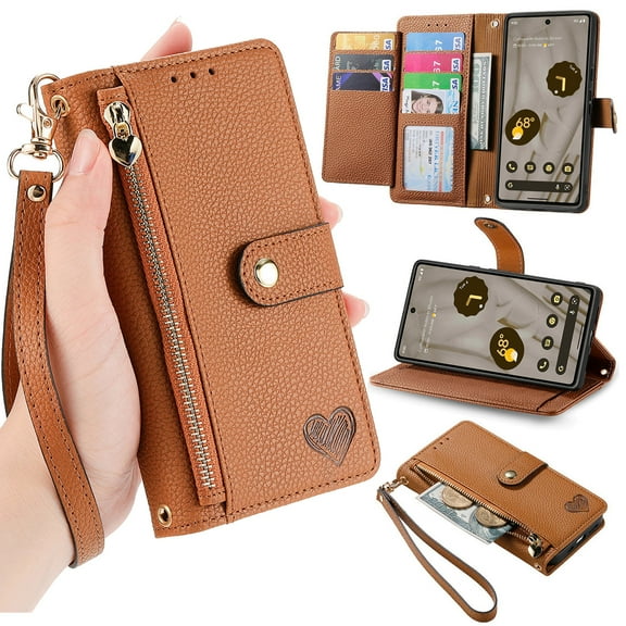 ELEHOLD for Samsung Galaxy S21 FE Wallet Case, PU Leather Flip Folio Case with 7 Card Holders Zipper Pocket RFID Blocking Kickstand Shockproof TPU Inner Shell Phone Cover for Galaxy S21 FE,Brown