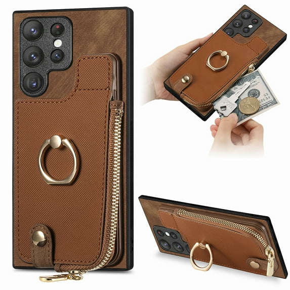ELEHOLD for Samsung Galaxy S21 FE Zipper Wallet Case with Back Card Holders Metal Ring Holder Kickstand Function Leather Shockproof Card Wallet Case for Women Men,brown