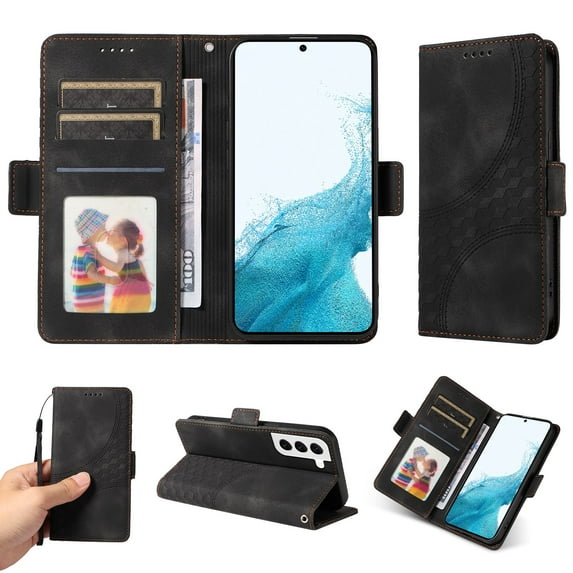 ELEHOLD For Samsung Galaxy S21+ Leather Wallet Phone Case, Embossed Diamond Folio Flip Cover, Card Holder Cash Slot, Stand Support, Wrist Strap Lanyard -Black