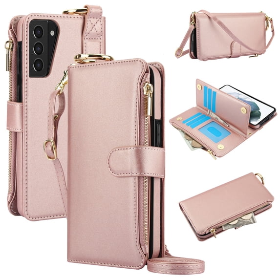 ELEHOLD For Samsung Galaxy S21 Phone Case Leather Crossbody Zipper Card Wallet Flip Case Kickstand Cover, with Ring Holder,Full Body Protection-Rosegold