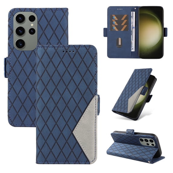 ELEHOLD for Samsung Galaxy S21 Plus Magnetic Splicing Cover, Shockproof Premium Vintage PU Leather RFID Blocking Card Slots Protective Slim Fit Folio Stand with Wrist Strap Phone Case, blue