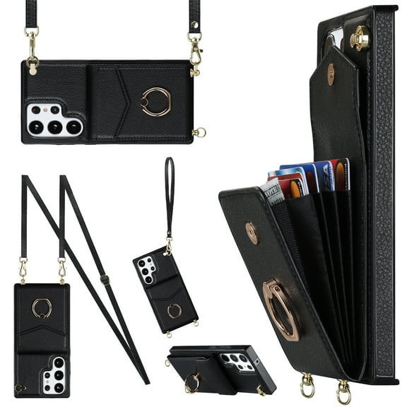 ELEHOLD for Samsung Galaxy S21, Shockproof PU Leather Case with Rotation Ring Stand Adjustable Shoulder Strap,Card Slots Stand RFID Blocking Protective Case Cover, black