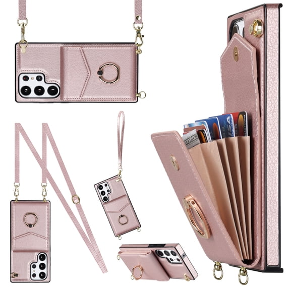 ELEHOLD for Samsung Galaxy S21, Shockproof PU Leather Case with Rotation Ring Stand Adjustable Shoulder Strap,Card Slots Stand RFID Blocking Protective Case Cover, rosegold