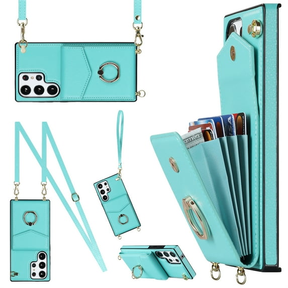 ELEHOLD for Samsung Galaxy S21+, Shockproof PU Leather Case with Rotation Ring Stand Adjustable Shoulder Strap,Card Slots Stand RFID Blocking Protective Case Cover, mint