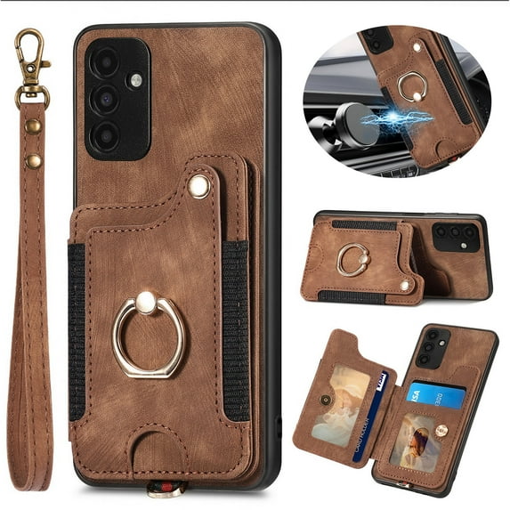 ELEHOLD for Samsung Galaxy S21 Ultra Case with Ring Holder, Wallet Case with RFID Blocking Card Holder Wristlet Strap, Magnetic Button Flip Folio Kickstand Shockproof Phone Cover,Brown