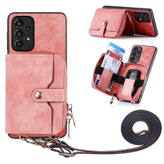 ELEHOLD Samsung Galaxy S21 Ultra Crossbody Wallet Case, Zipper PU Leather Phone Case with Card Holder Wrist Strap Purse Cover for Samsung Galaxy S21 Ultra,Pink