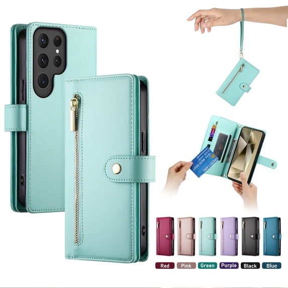 ELEHOLD for Samsung Galaxy S21 Ultra Flip Case, Wallet Zipper Magnetic Buckle Kickstand Wrist Strap Multifunctional Card Slots Wallet Business Case with Crossbody and Wrist Strap,Mint